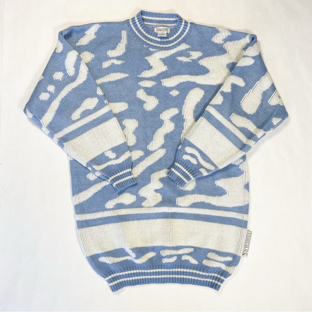 Vintage 80’s Tangiers Squiggle Cloud Sweater Tunic/Dress Light Blue & Ivory